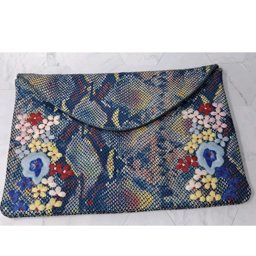 Anthropologie Snake Printed Embroidered Clutch
